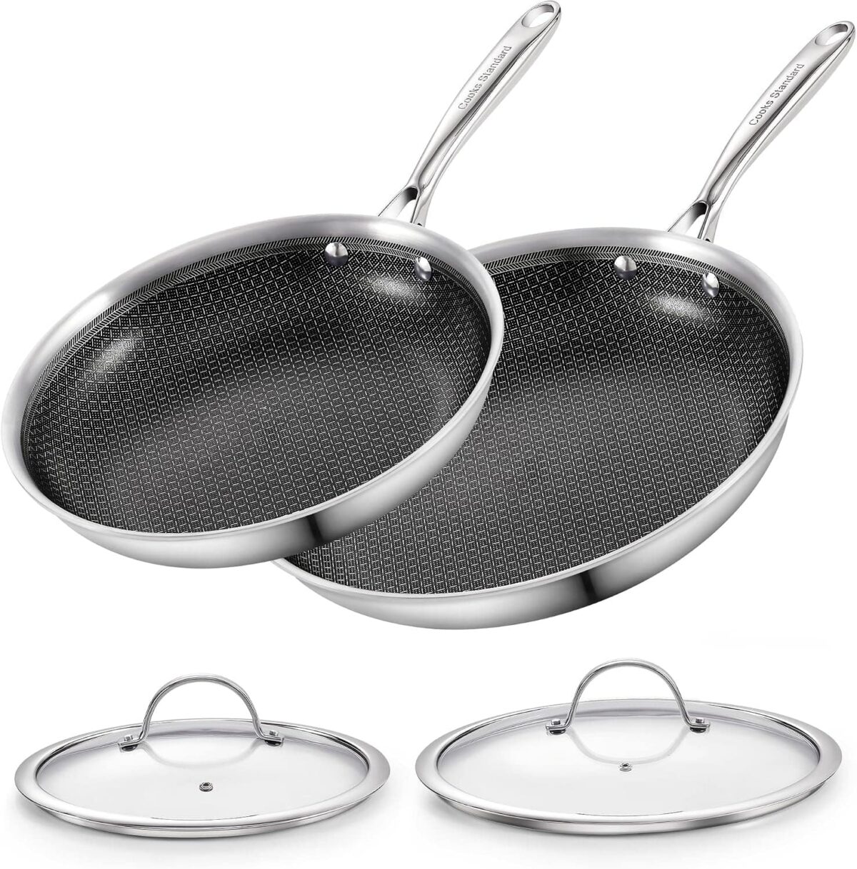 9976e528-e904-4985-9f31-cbf86dadcd91.jpg Cooks Standard - Multi-Ply Clad Stainless Steel 4-Piece Fry Pan Set , 10.5-Inch & 12-Inch - Black