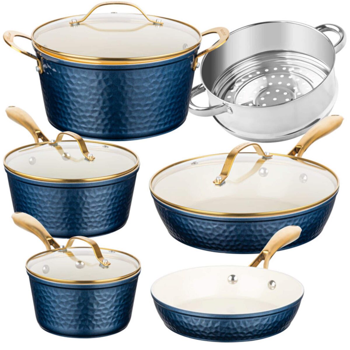 99c2eefd-cf4e-4097-8510-69c8864306da.jpg Gotham Steel - 10 Piece Hammered Navy Nonstick Ceramic Cookware Set - Blue