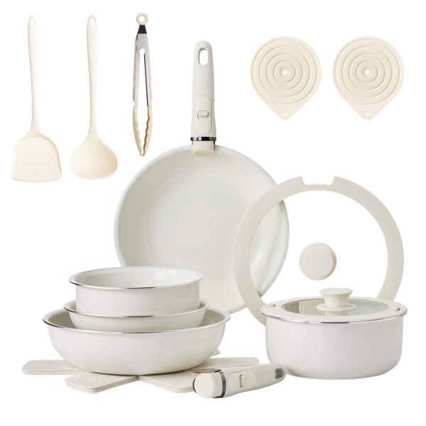 9a18fbf1-552e-4488-b5f6-31d3882571ee.jpg Winado - 19 Pieces Nonstick Cookware Set with 5 Pots and Pans & 2 Detachable Handles & Silicone Lids for Apartments Family Meals - White