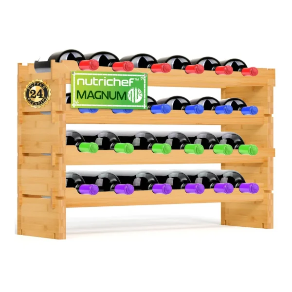 9abe8652-8508-46cb-b20a-09b9959eb7e2.jpg NutriChef - Magnum 24 Bottle Wine Rack, Stackable, Wobble-Free, Bamboo Construction, Anti-Moisture Finish (SLWMDMG90)