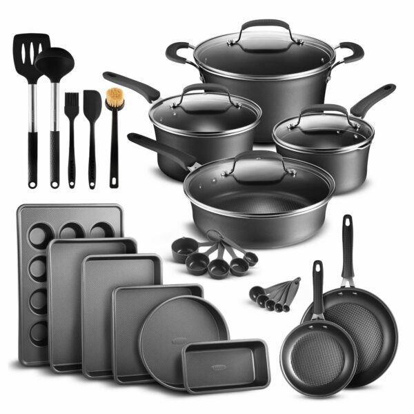 9b109e39-eb3b-4c97-91d1-f825c4643929.jpg Bakken- Swiss - Pots and Pans Set Non Stick Ceramic, 23-Piece Cookware & Bakeware Sets with Plaid Pattern, Stackable Design, Dishwasher - Black