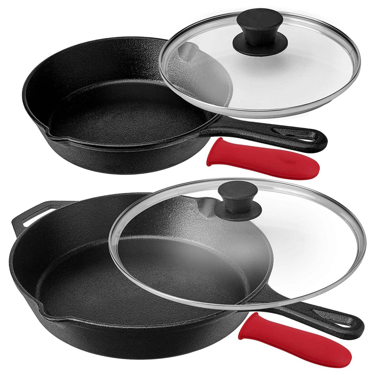 9c07089e-b9b8-4ff2-bcc7-cd6ef95e0a71.jpg MegaChef - Pre-Seasoned 6 Piece Cast Iron Skillet Set with Lids and Red Silicone Holders - Black and Red