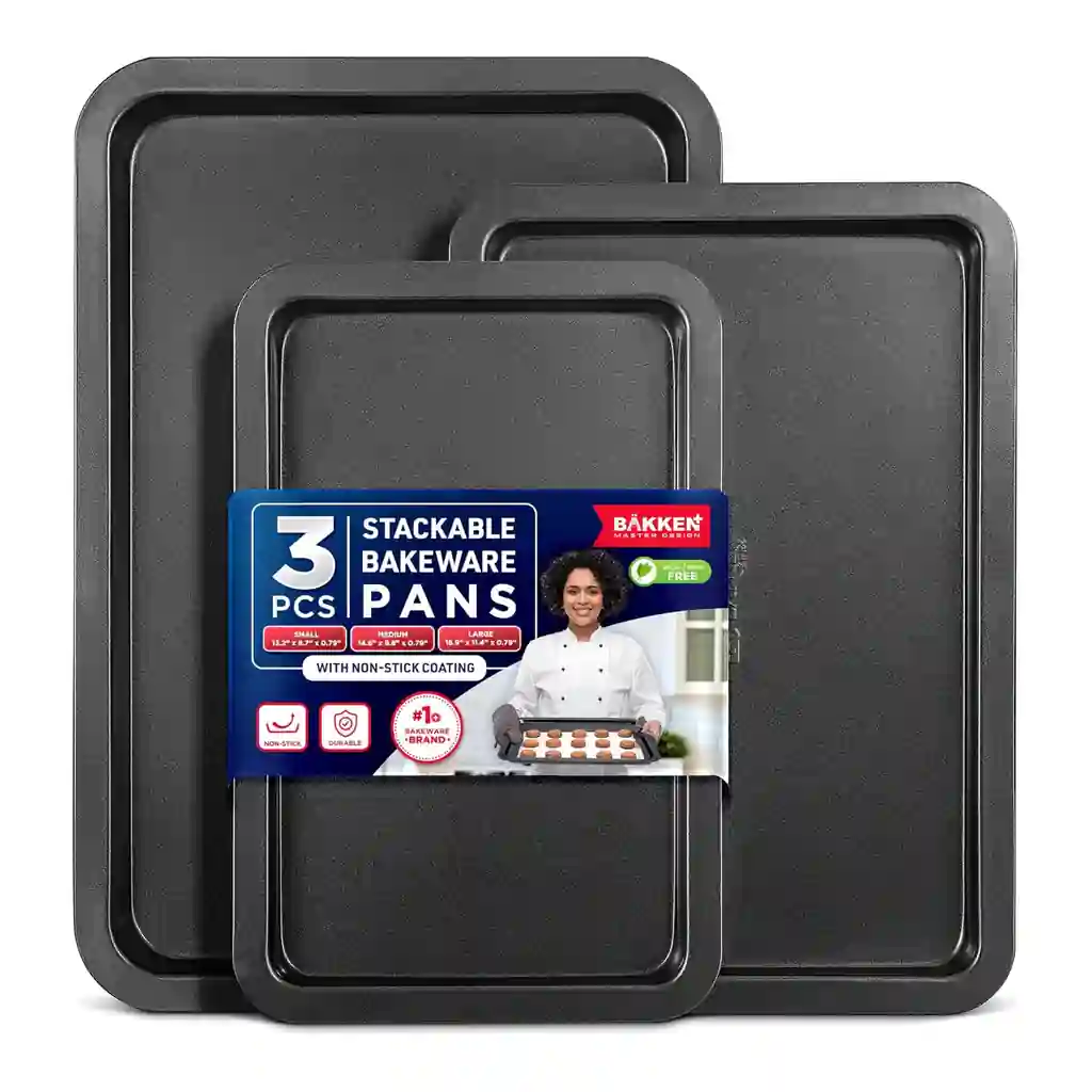 9c4f613f-286d-421a-ac7f-8f4674985e13.jpg Bakken- Swiss - 3-Piece Bakeware Set – Nonstick Carbon Steel Baking Trays, Small/Medium/Large, PTFE PFOA PFOS Free, Oven Safe - Black