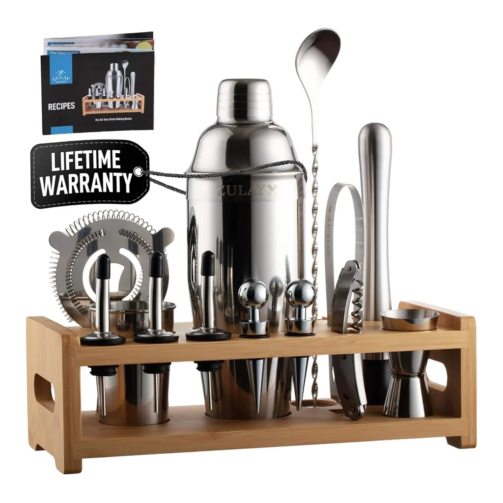 9cbb6461-a51a-4afc-baf3-227e70f586c1.jpg Zulay Kitchen - 24-Piece Bartender Kit, Stainless Steel Cocktail Shaker Set with Display Stand & Bar Tools - Silver