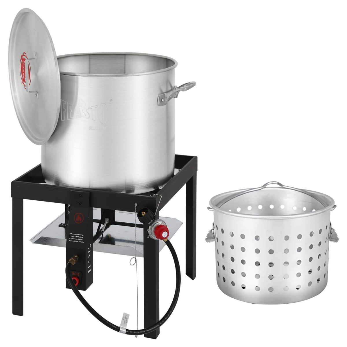 9e671b38-0299-469c-9609-85e03c5bf440.jpg FEASTO - 100 QT Seafood Boil Pot with Basket & Burner, 100,000 BTU, CSA Certified for Crawfish, Crab, Shrimp - Silver