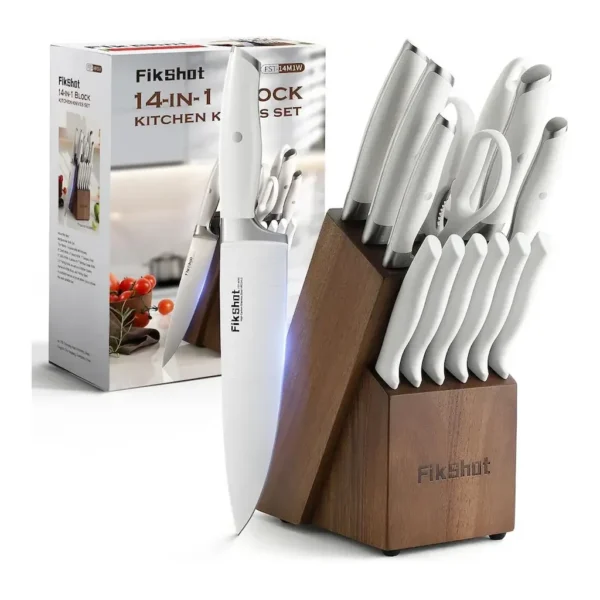 EditionSANI-13021308-cutlery-main Livingo - 14-Piece Knife Block Set with Sharpening Rod, German-Grade Stainless Steel Kitchen Knives, Dishwasher Safe - White