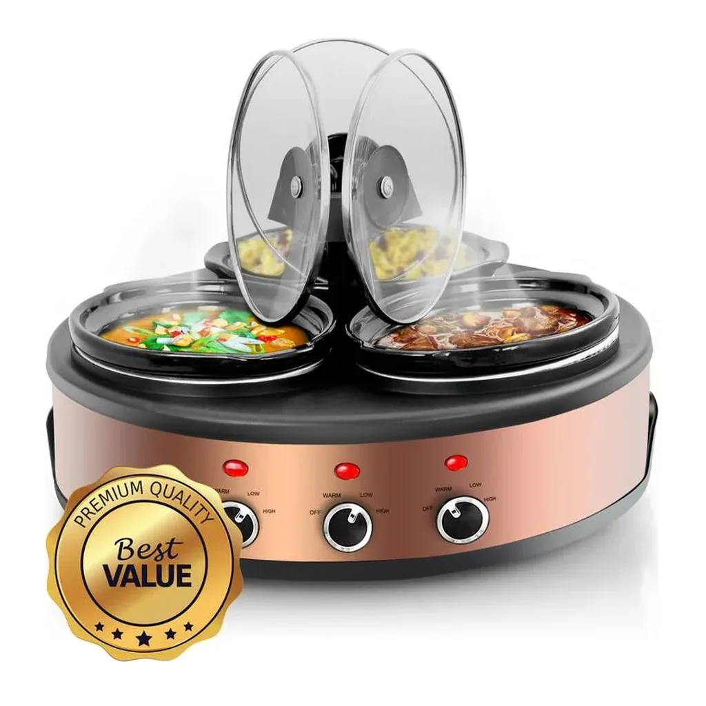 EditionSANI-310109462M-10121223-02 MegaChef 310109462M Round Triple 1.5 Quart Slow Cooker and Buffet Server in Brushed and Black - Copper