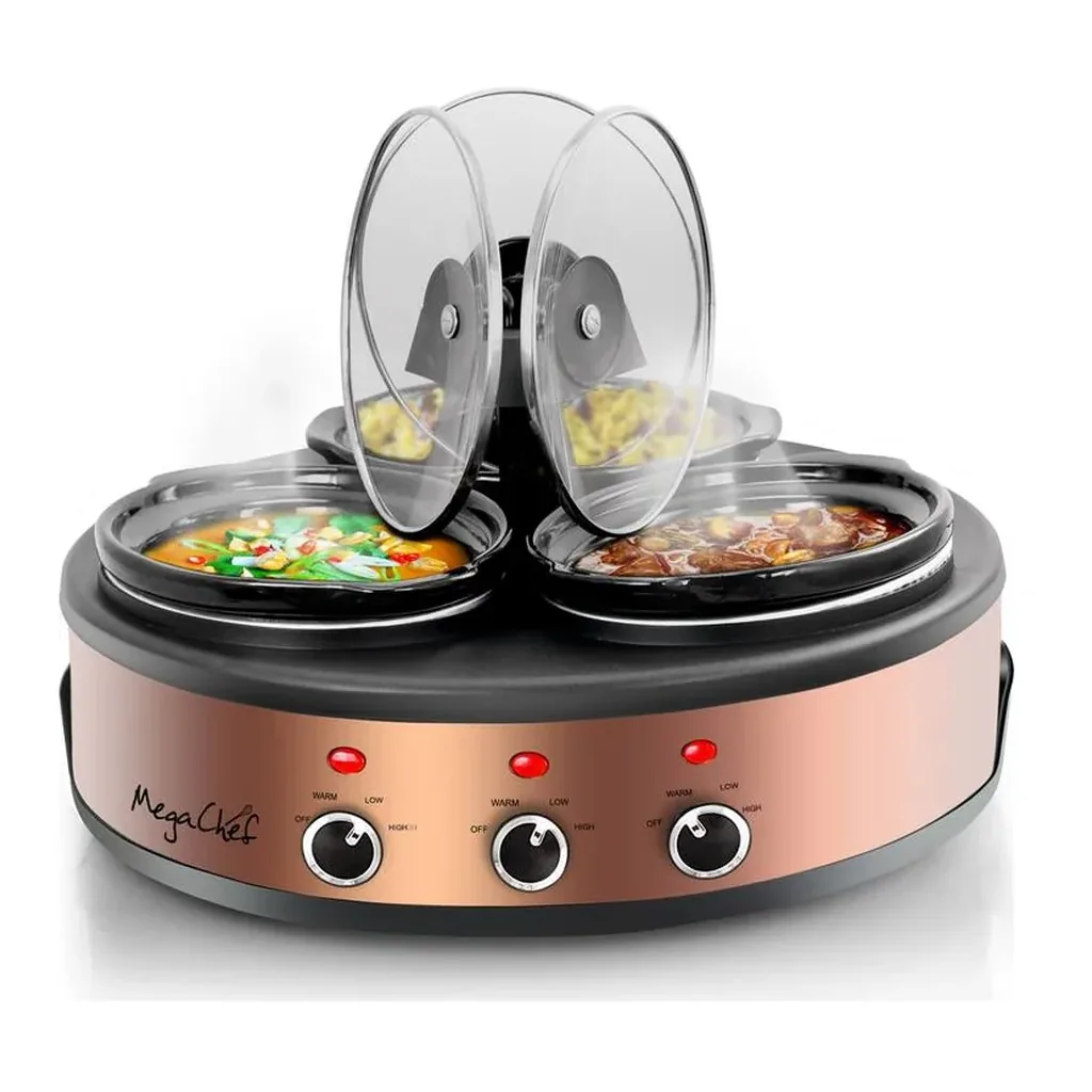 EditionSANI-310109462M-10121223-03 MegaChef 310109462M Round Triple 1.5 Quart Slow Cooker and Buffet Server in Brushed and Black - Copper
