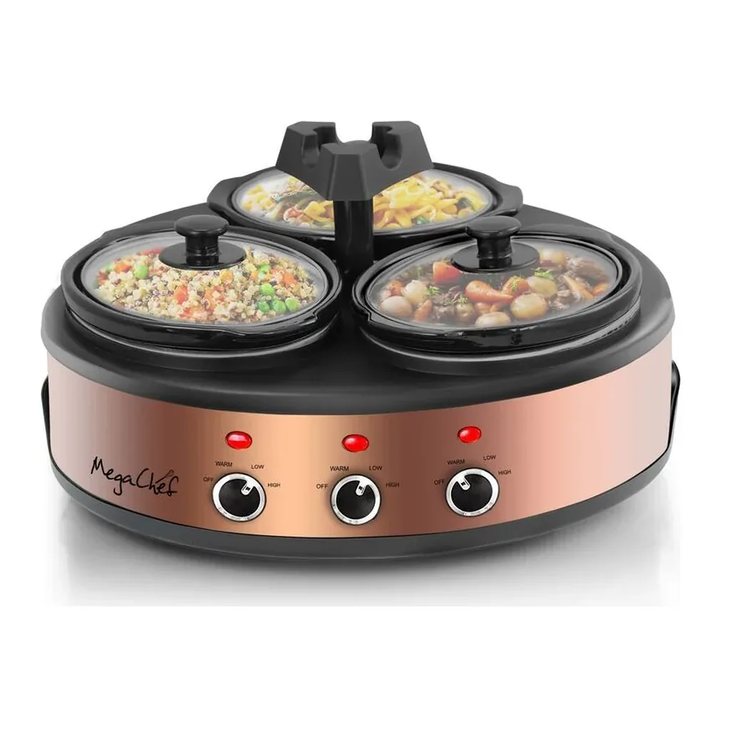EditionSANI-310109462M-10121223-04 MegaChef 310109462M Round Triple 1.5 Quart Slow Cooker and Buffet Server in Brushed and Black - Copper