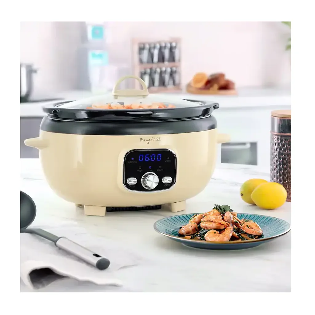 EditionSANI-310122256M-10120407-05 MegaChef 310122256M 3.7 Quart Oval Electric Digital Slow Cooker with Black Pot - Cream