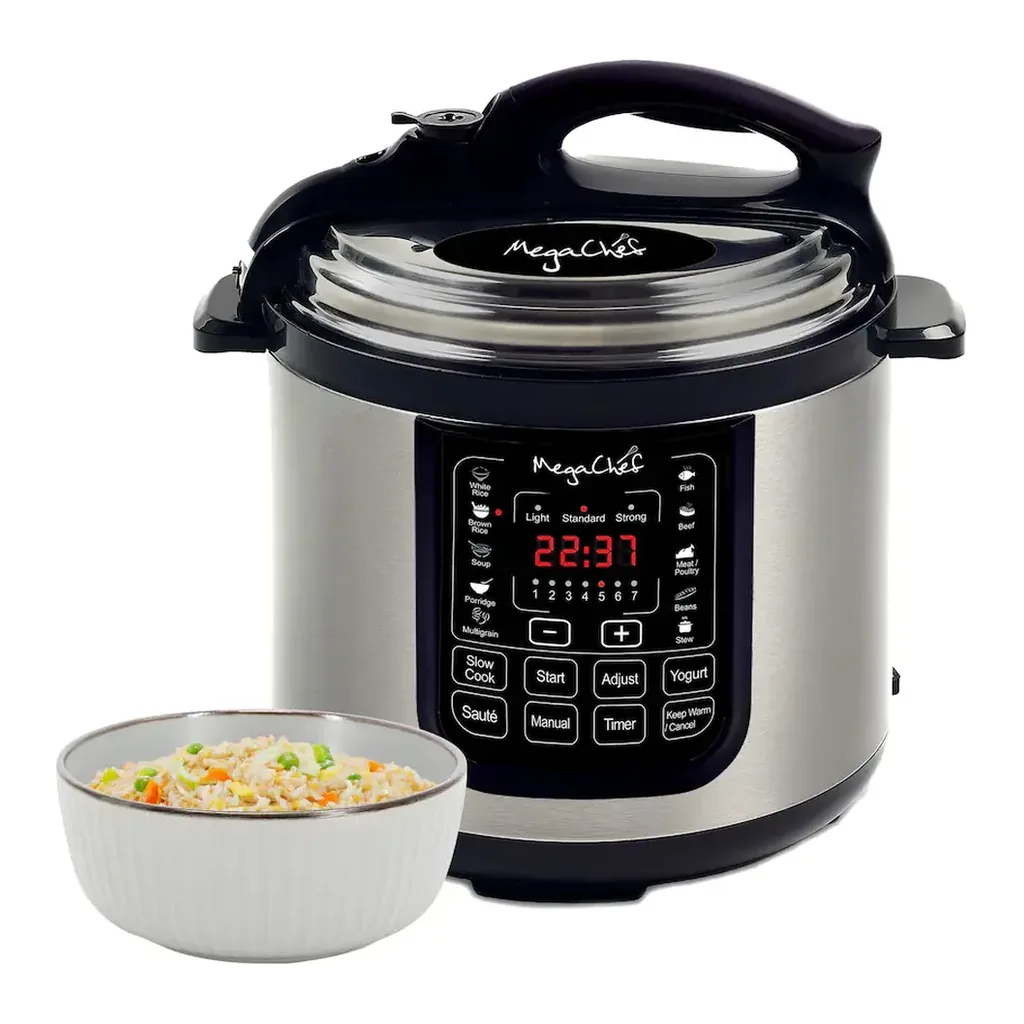 MegaChef - 8 Quart Digital Pressure Cooker with 13 Pre-set Multi Function Features - Silver – product image 1 MegaChef - 8 Quart Digital Pressure Cooker with 13 Pre-set Multi Function Features - Silver – product view 1