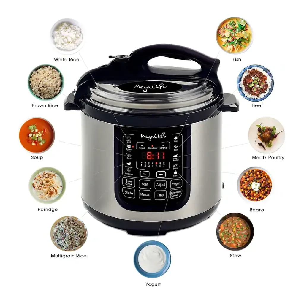 MegaChef - 8 Quart Digital Pressure Cooker with 13 Pre-set Multi Function Features - Silver – product image 3 MegaChef - 8 Quart Digital Pressure Cooker with 13 Pre-set Multi Function Features - Silver – product view 3