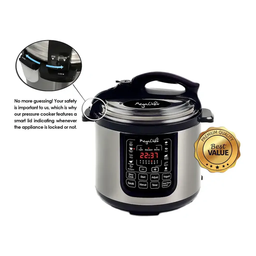 MegaChef - 8 Quart Digital Pressure Cooker with 13 Pre-set Multi Function Features - Silver – product image 5 MegaChef - 8 Quart Digital Pressure Cooker with 13 Pre-set Multi Function Features - Silver – product view 5