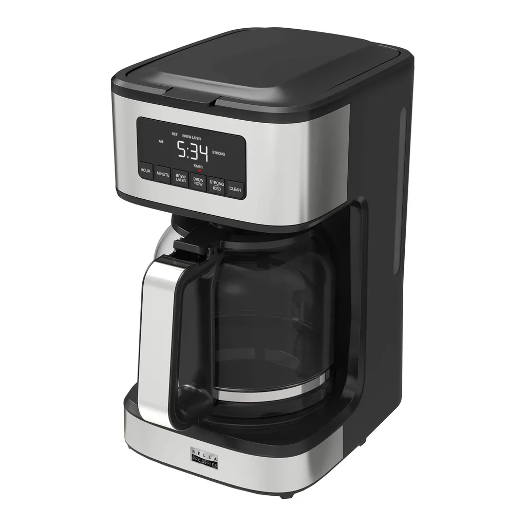 bella PRO 90194 - Angled front view bella PRO 90194 stainless steel 12-cup programmable coffee maker, angled front view