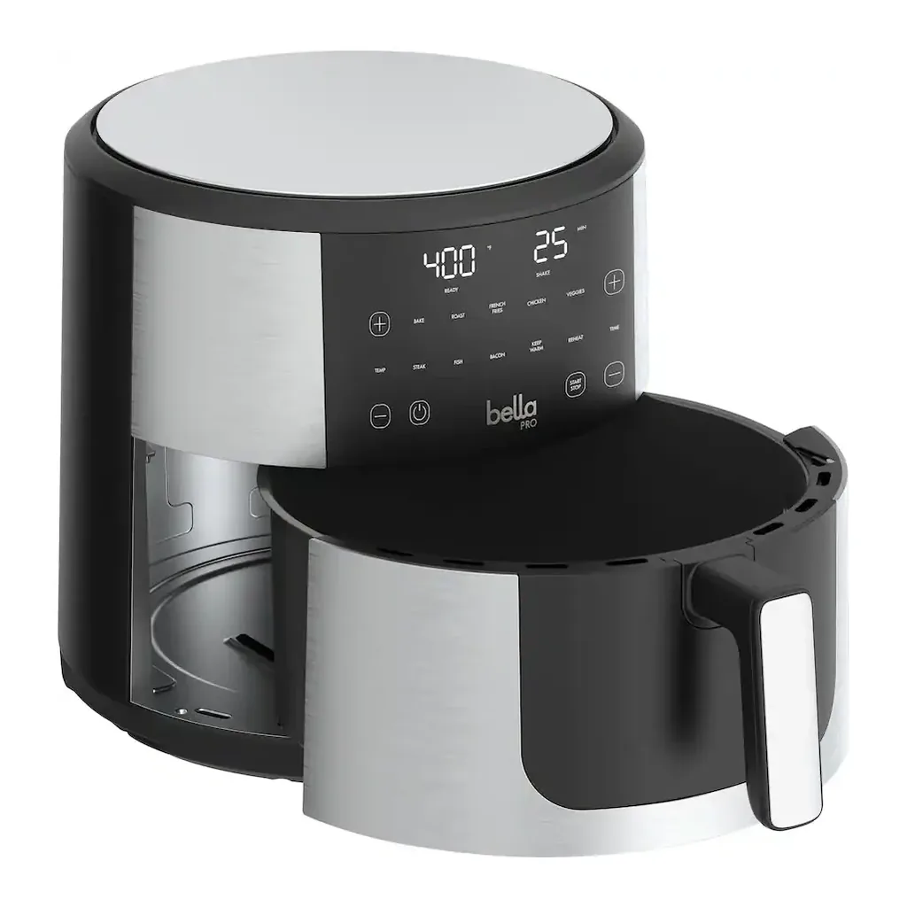 bella PRO 90223 - Angled view with basket open bella PRO SmartCrisp 90223 stainless steel 8-quart air fryer - Angled view with basket open