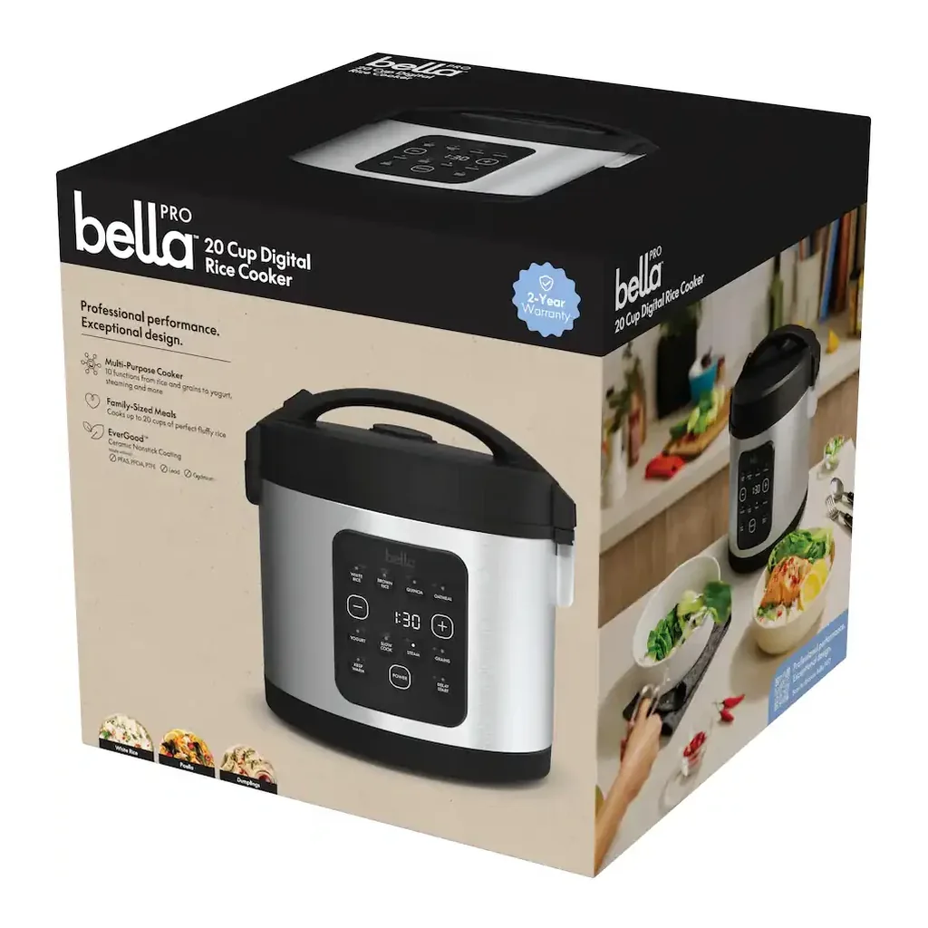 bella PRO 90226 - Retail packaging bella PRO 90226 stainless steel 20-cup digital rice cooker - Retail packaging