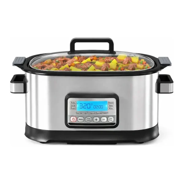RYHNUYNE - 11-in-1 Multi Slow Cooker Roaster Oven, 6.5QT Digital Programmable Multicooker, Removable Nonstick Crock, Glass Lid - Silver – product image 1 RYHNUYNE - 11-in-1 Multi Slow Cooker Roaster Oven, 6.5QT Digital Programmable Multicooker, Removable Nonstick Crock, Glass Lid - Silver – product view 1