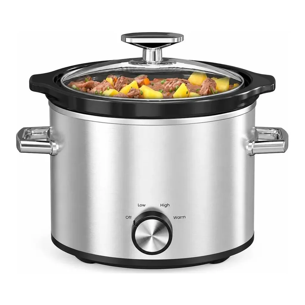 EditionSANI-DHHD-10988009-13104875-01 RYHNUYNE DHHD-10988009 2 Qt Small Slow Cooker, 3 Adjustable Temp Settings, Ceramic Pot, Glass Lid, Stainless Steel - Silver