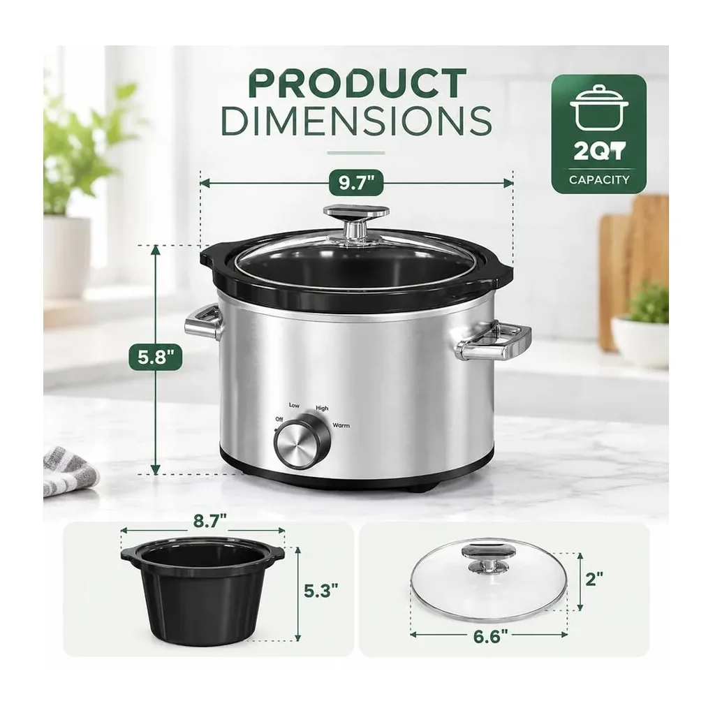 EditionSANI-DHHD-10988009-13104875-02 RYHNUYNE DHHD-10988009 2 Qt Small Slow Cooker, 3 Adjustable Temp Settings, Ceramic Pot, Glass Lid, Stainless Steel - Silver