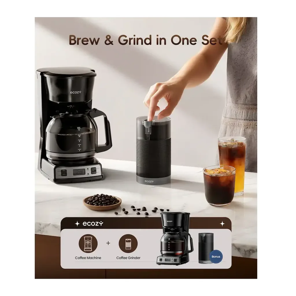 Ecozy DM122A - Coffee maker and grinder in use Ecozy DM122A black 12-cup programmable coffee maker - Coffee maker and grinder in use