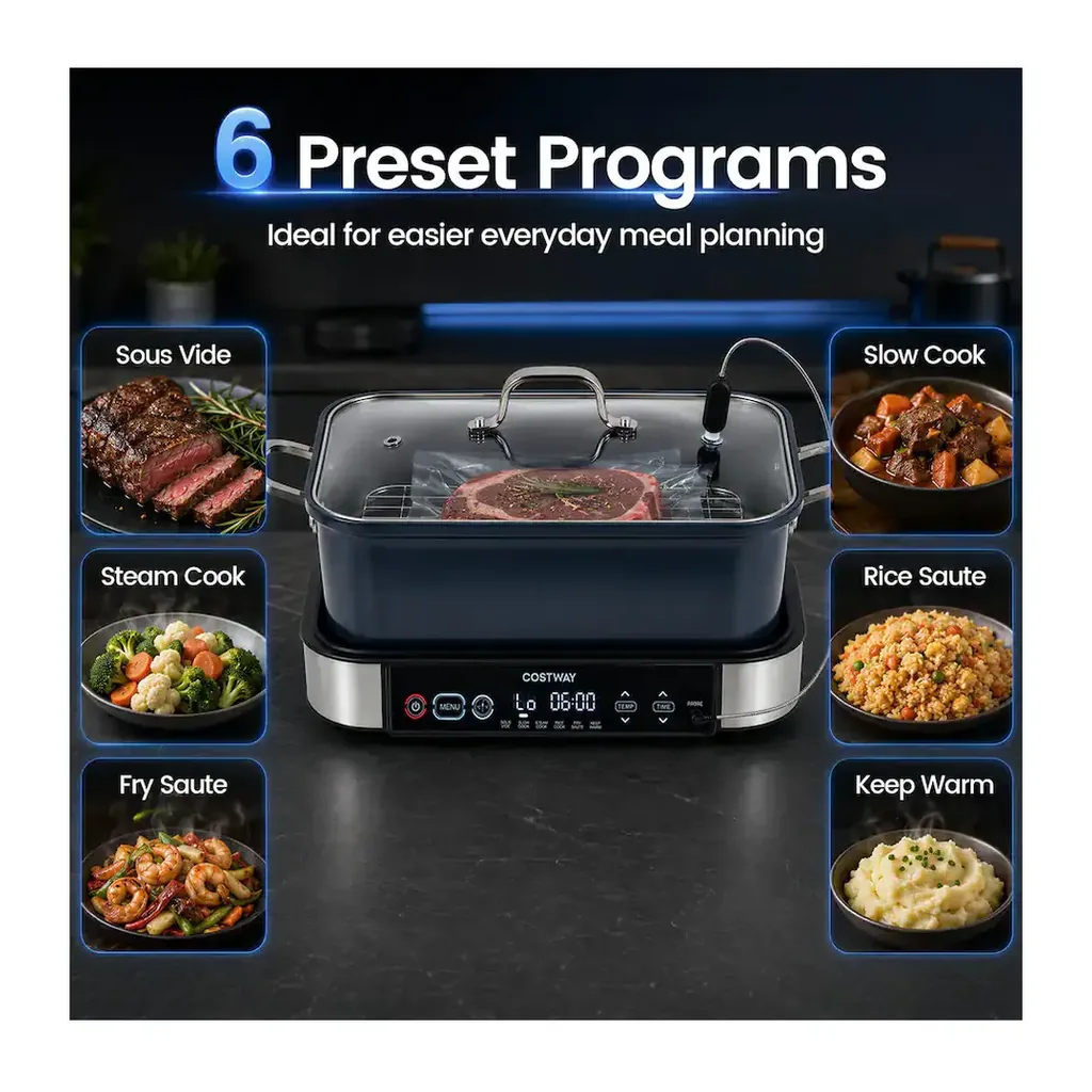 Costway - 6.8 Quart Multi Cooker, 6-in-1 Programmable Slow Cooker with Sous Vide, Steam, Fry - Black – product image 2 Costway - 6.8 Quart Multi Cooker, 6-in-1 Programmable Slow Cooker with Sous Vide, Steam, Fry - Black – product view 2