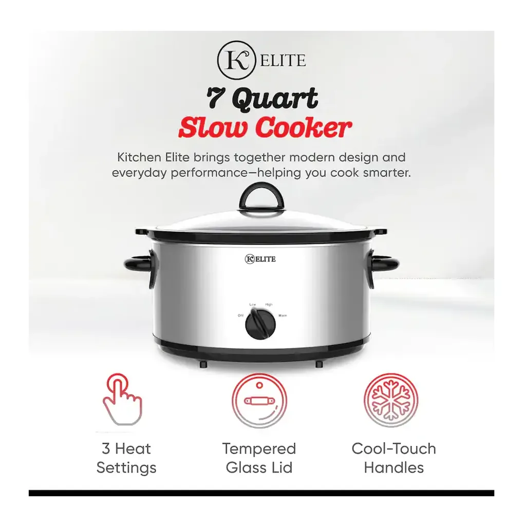 Kitchen Elite - 7 Qt Slow Cooker, Stainless Steel Ceramic Crock Pot with Glass Lid - Silver – product image 2 Kitchen Elite - 7 Qt Slow Cooker, Stainless Steel Ceramic Crock Pot with Glass Lid - Silver – product view 2