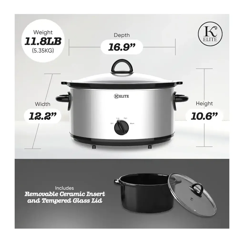 Kitchen Elite - 7 Qt Slow Cooker, Stainless Steel Ceramic Crock Pot with Glass Lid - Silver – product image 3 Kitchen Elite - 7 Qt Slow Cooker, Stainless Steel Ceramic Crock Pot with Glass Lid - Silver – product view 3