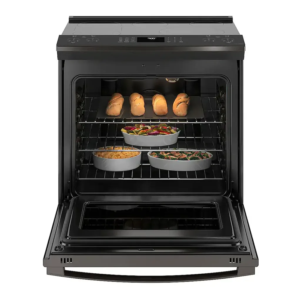EditionSANI-PSS93BPTS-6413290-05 GE Profile PSS93BPTS - 30 in. Wide 5 Elements 5.3 Cu. Ft. Slide-In Electric True Convection Range with Self-Steam Cleaning - Black Stainless Steel