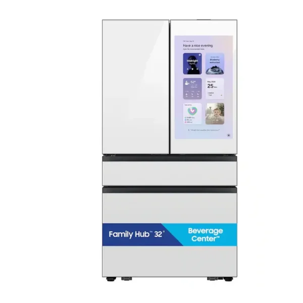 EditionSANI-RF90F23AEWAA-6615213-01 Samsung RF90F23AEWAA - Bespoke 23 cu. ft. Counter Depth 4-Door French Door Refrigerator with Family Hub 32" and AI Vision Inside - White Glass