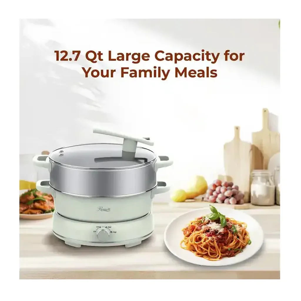 EditionSANI-RHMC-25001LG-12711896-03 Rosewill RHMC-25001LG 12.7 QT Electric Hot Pot, Split Design, 11.8" Pot, SUS Basket, 1600W, Includes Utensils - Light Green