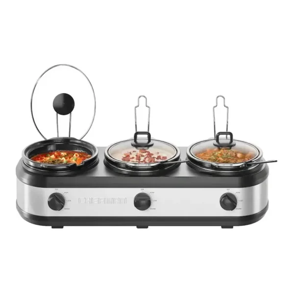 Chefman - Triple Slow Cooker & Buffet Server, Three 2.5-Quart PFAS-Free Inserts – - Stainless Steel – product image 1 Chefman - Triple Slow Cooker & Buffet Server, Three 2.5-Quart PFAS-Free Inserts – - Stainless Steel – product view 1
