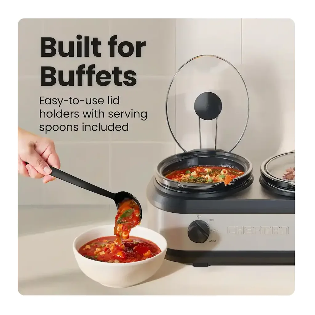 Chefman - Triple Slow Cooker & Buffet Server, Three 2.5-Quart PFAS-Free Inserts – - Stainless Steel – product image 4 Chefman - Triple Slow Cooker & Buffet Server, Three 2.5-Quart PFAS-Free Inserts – - Stainless Steel – product view 4