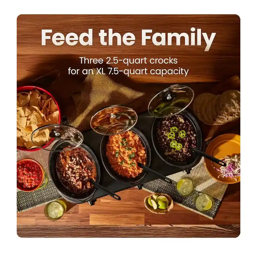 Chefman - Triple Slow Cooker & Buffet Server, Three 2.5-Quart PFAS-Free Inserts – - Stainless Steel – product image 5 Chefman - Triple Slow Cooker & Buffet Server, Three 2.5-Quart PFAS-Free Inserts – - Stainless Steel – product view 5
