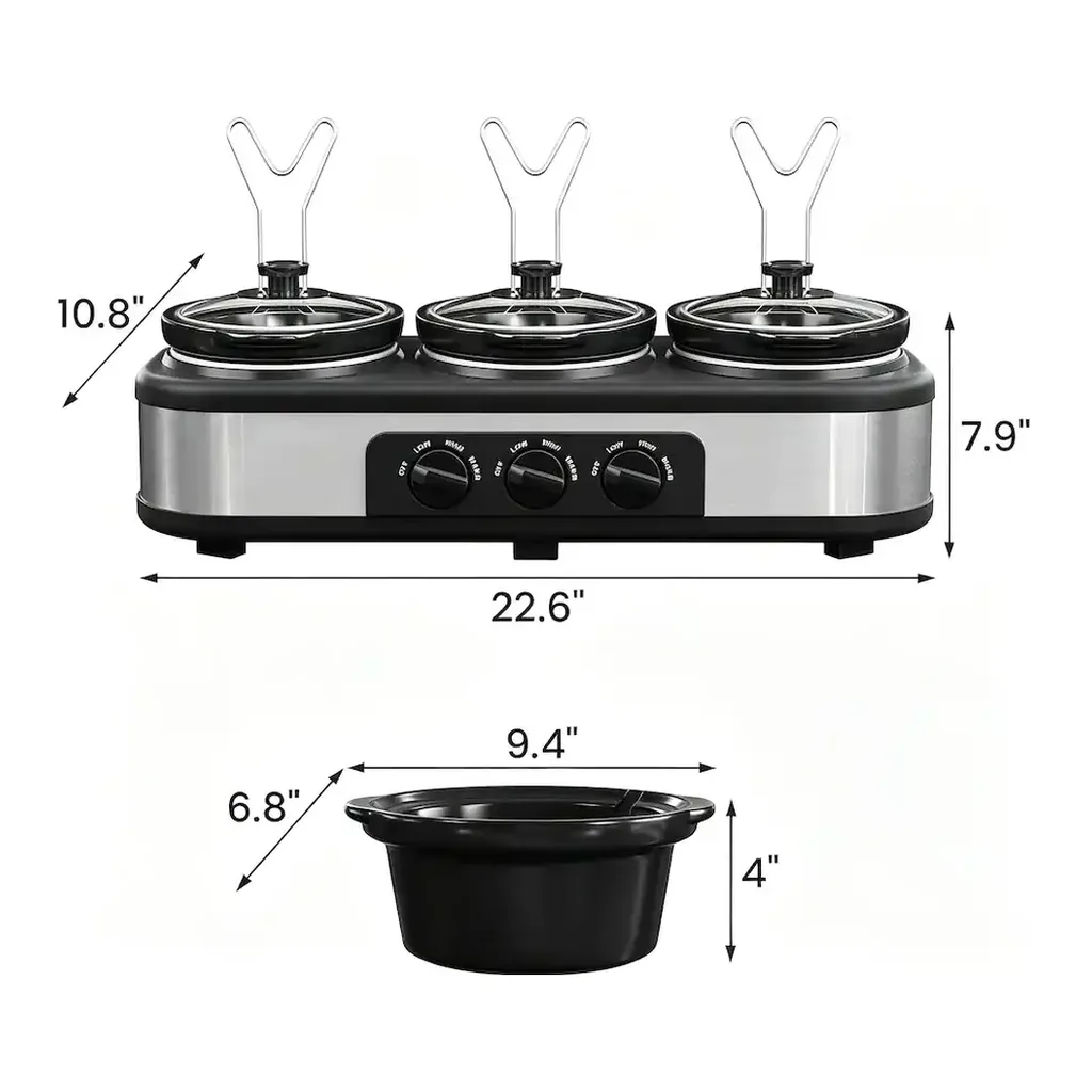 Forest'nSky - Triple Slow Cooker with 3 x 1.5 QT Removable Ceramic Pots,3 Temperature Settings - Silver – product image 2 Forest'nSky - Triple Slow Cooker with 3 x 1.5 QT Removable Ceramic Pots,3 Temperature Settings - Silver – product view 2