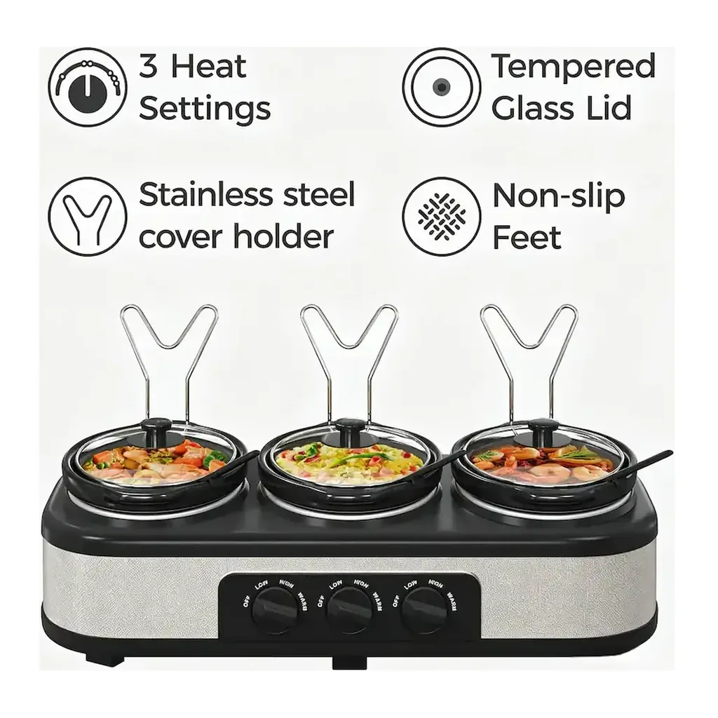 Forest'nSky - Triple Slow Cooker with 3 x 1.5 QT Removable Ceramic Pots,3 Temperature Settings - Silver – product image 3 Forest'nSky - Triple Slow Cooker with 3 x 1.5 QT Removable Ceramic Pots,3 Temperature Settings - Silver – product view 3
