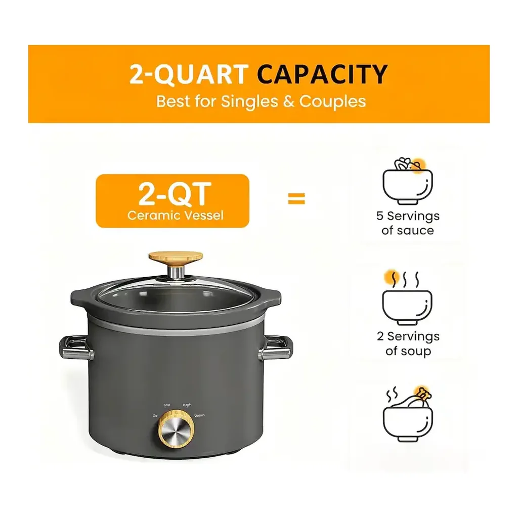 Forest'nSky - Grey 2 Quart Slow Cooker with Removable Ceramic Pot,3 Heating Settings & Dishwasher Safe Glass Lid - Gray – product image 5 Forest'nSky - Grey 2 Quart Slow Cooker with Removable Ceramic Pot,3 Heating Settings & Dishwasher Safe Glass Lid - Gray – product view 5