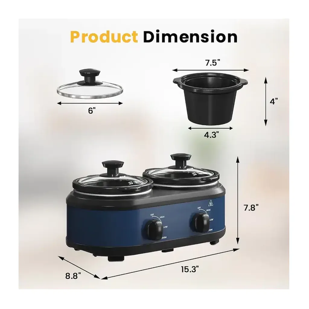 Forest'nSky - 2 x 1.25 Quart Double Slow Cooker with Adjustable Temp, Visible Glass Lids - Blue – product image 5 Forest'nSky - 2 x 1.25 Quart Double Slow Cooker with Adjustable Temp, Visible Glass Lids - Blue – product view 5