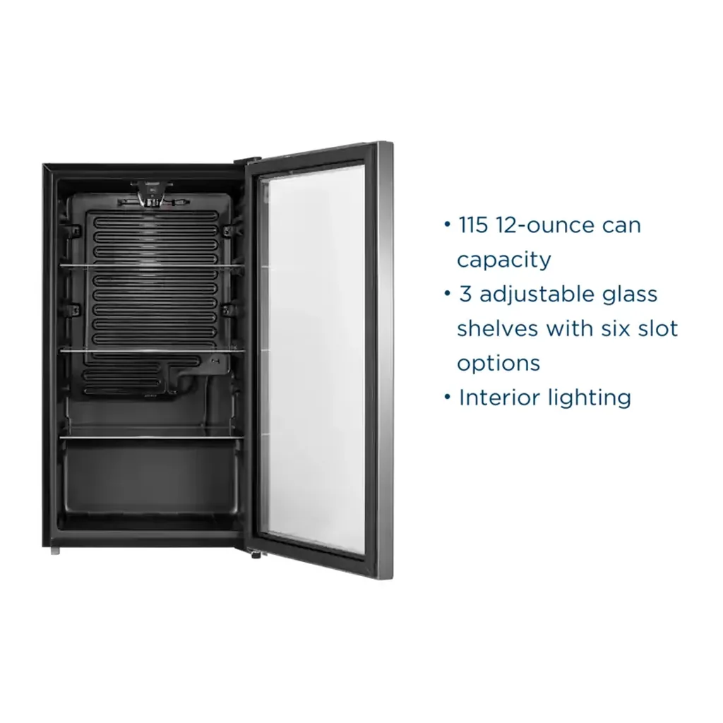 Insignia NS-BC115SS26L — 115-Can Beverage Cooler with Adjustable Glass Shelves — Stainless Steel Look