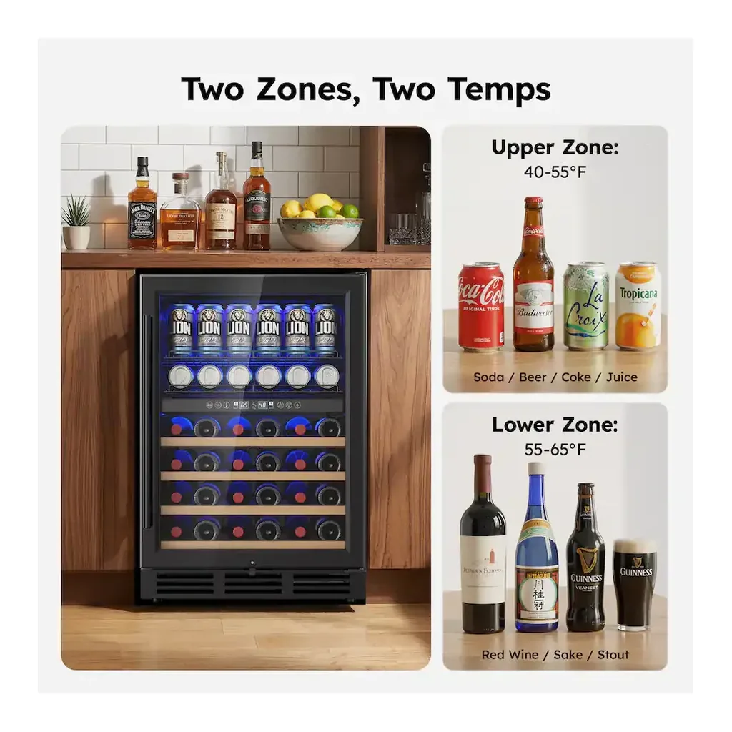 EditionSANI-simzlife-br012-150bl-12818808-03 SIMZLIFE BR012-150BL — Dual-Zone Wine and Beverage Cooler, 30 Bottles and 63 Cans — Black