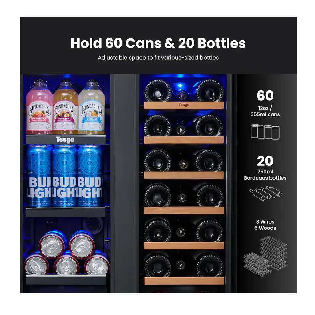 EditionSANI-yeego-bb-yg-wf24-23us-10130493-03 Yeego BB-YG-WF24-23US — 24-Inch Dual-Zone Wine and Beverage Cooler, 20 Bottles and 60 Cans — Stainless Steel