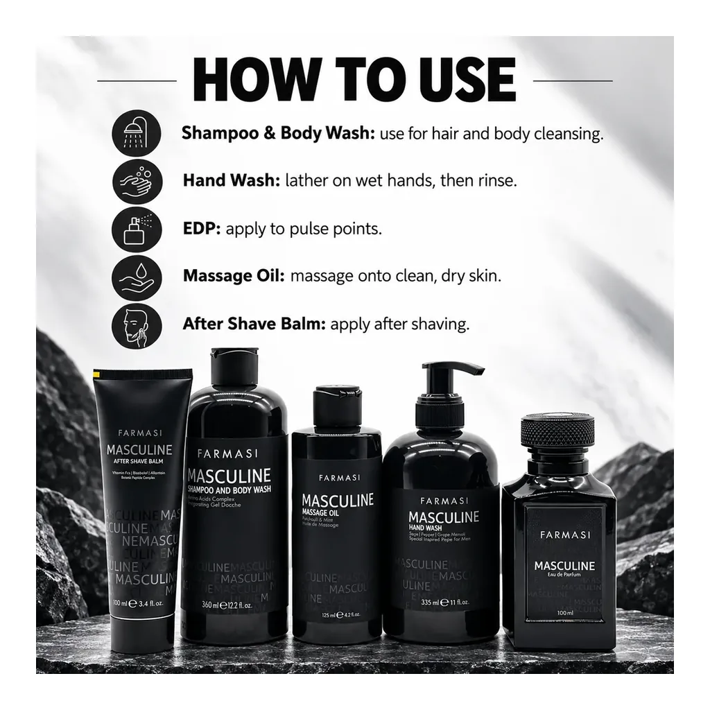 FARMASI Masculine Set – Directions for each of the five included products FARMASI Masculine Set – Directions for each of the five included products
