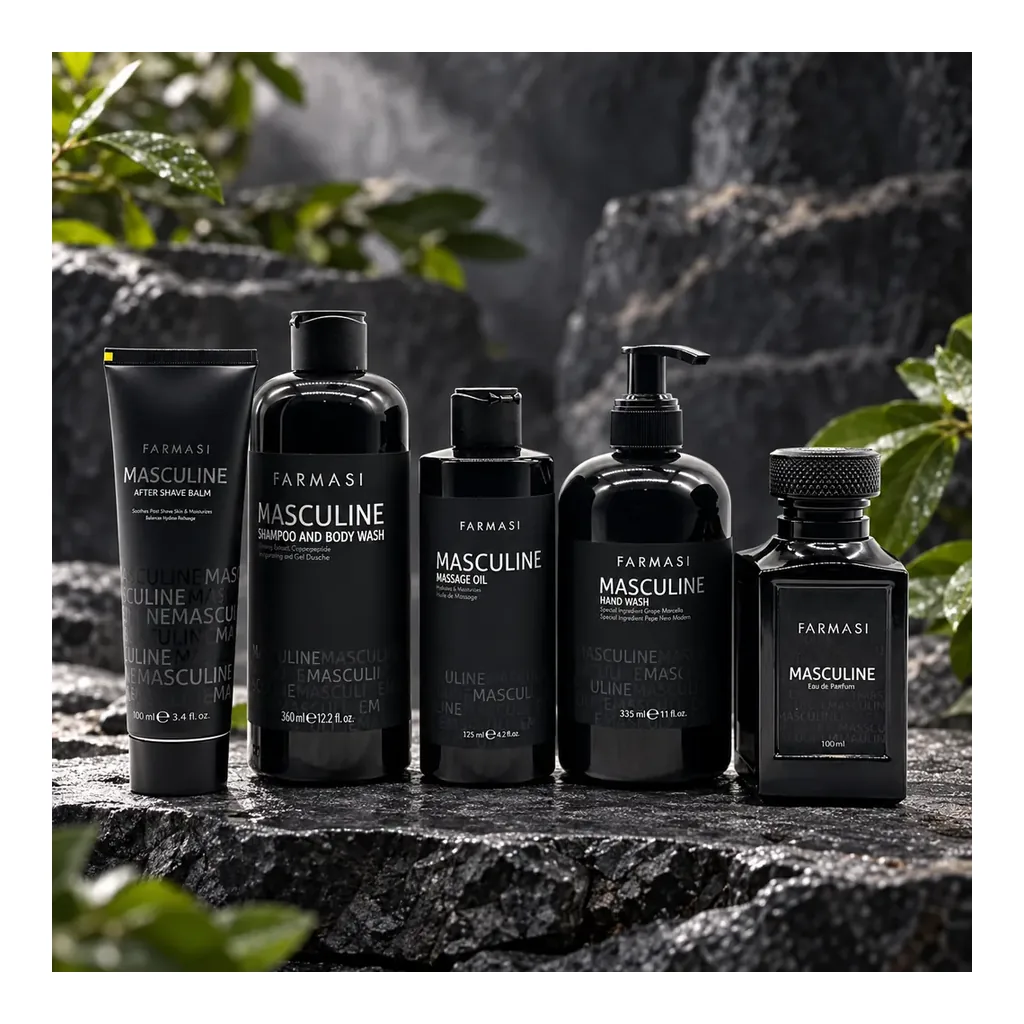 FARMASI Masculine Set – Five products in a charcoal decorative scene; accessories not included FARMASI Masculine Set – Five products in a charcoal decorative scene; accessories not included