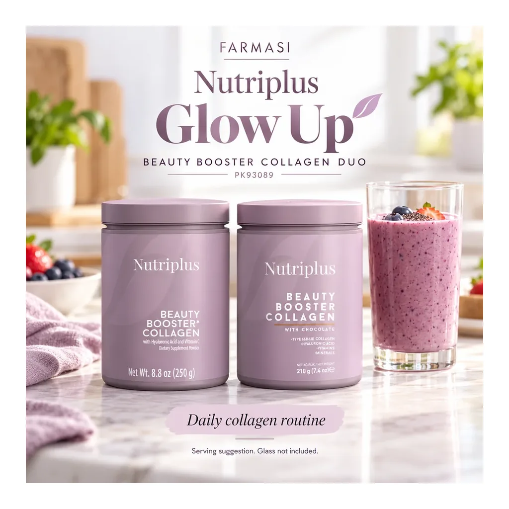 FARMASI Glow Up Collagen Duo – Unflavored and Chocolate – use scene FARMASI Nutriplus Glow Up Collagen Duo, unflavored 250 g and chocolate 210 g, use scene