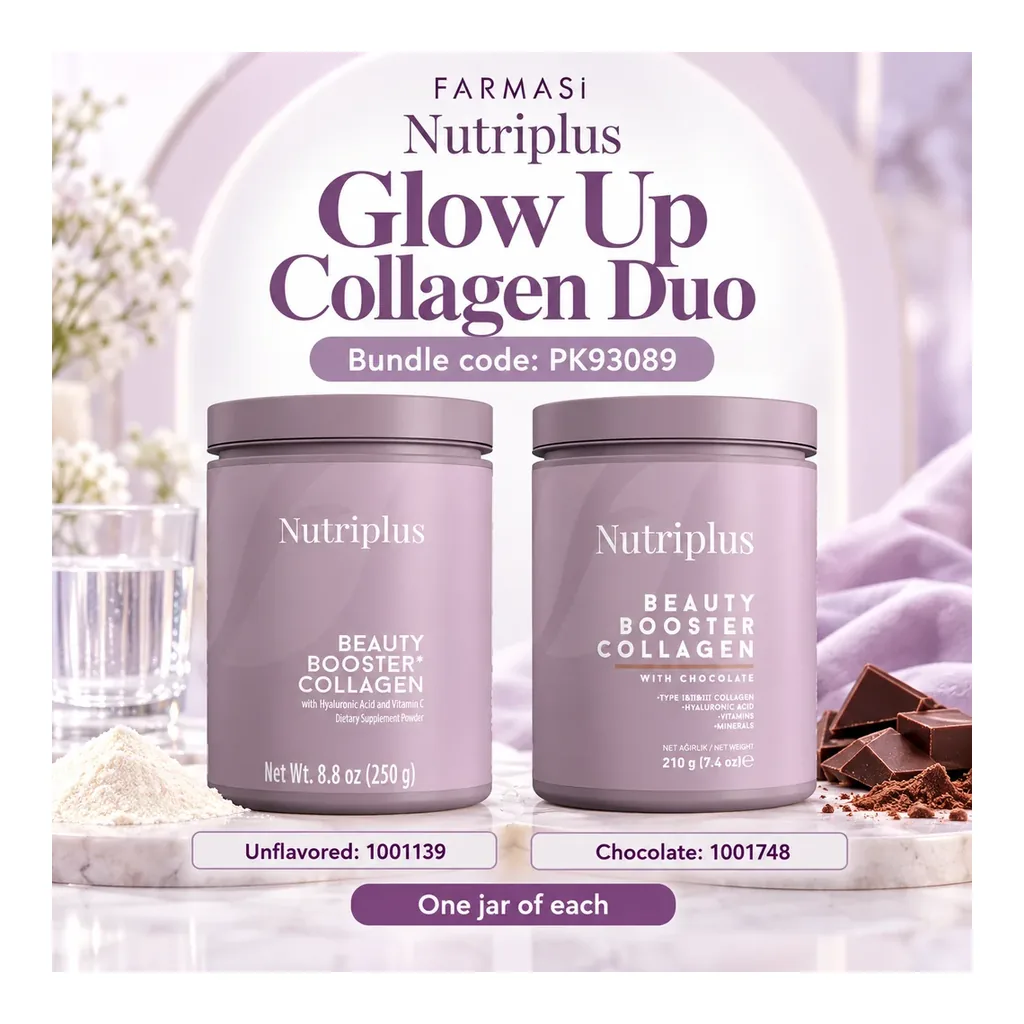 FARMASI Glow Up Collagen Duo – Unflavored and Chocolate – product code FARMASI Nutriplus Glow Up Collagen Duo, unflavored 250 g and chocolate 210 g, product code
