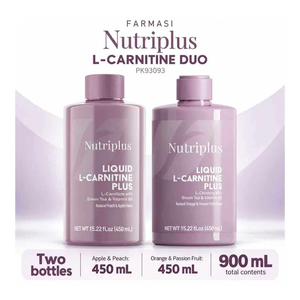 FARMASI Nutriplus L-Carnitine Duo – Bottle sizes Nutriplus L-Carnitine Apple & Peach and Orange & Passion Fruit, bottle sizes
