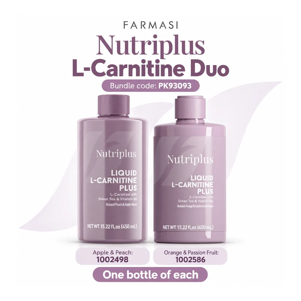 FARMASI Nutriplus L-Carnitine Duo – Product identification Nutriplus L-Carnitine Apple & Peach and Orange & Passion Fruit, product identification