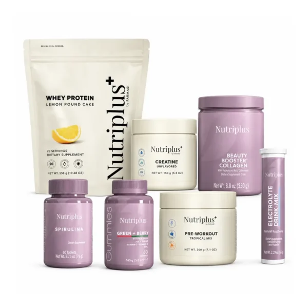 FARMASI Strong Body PK93265 - Official main white background Strong Body seven-product fixed selection with Whey Lemon Pound Cake, Pre-Workout Tropical Mix and Electrolytes Raspberry — Official main white background.