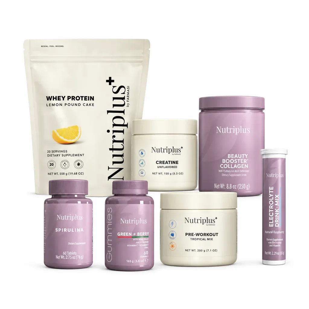 FARMASI Strong Body PK93265 - Official main white background Strong Body seven-product fixed selection with Whey Lemon Pound Cake, Pre-Workout Tropical Mix and Electrolytes Raspberry — Official main white background.