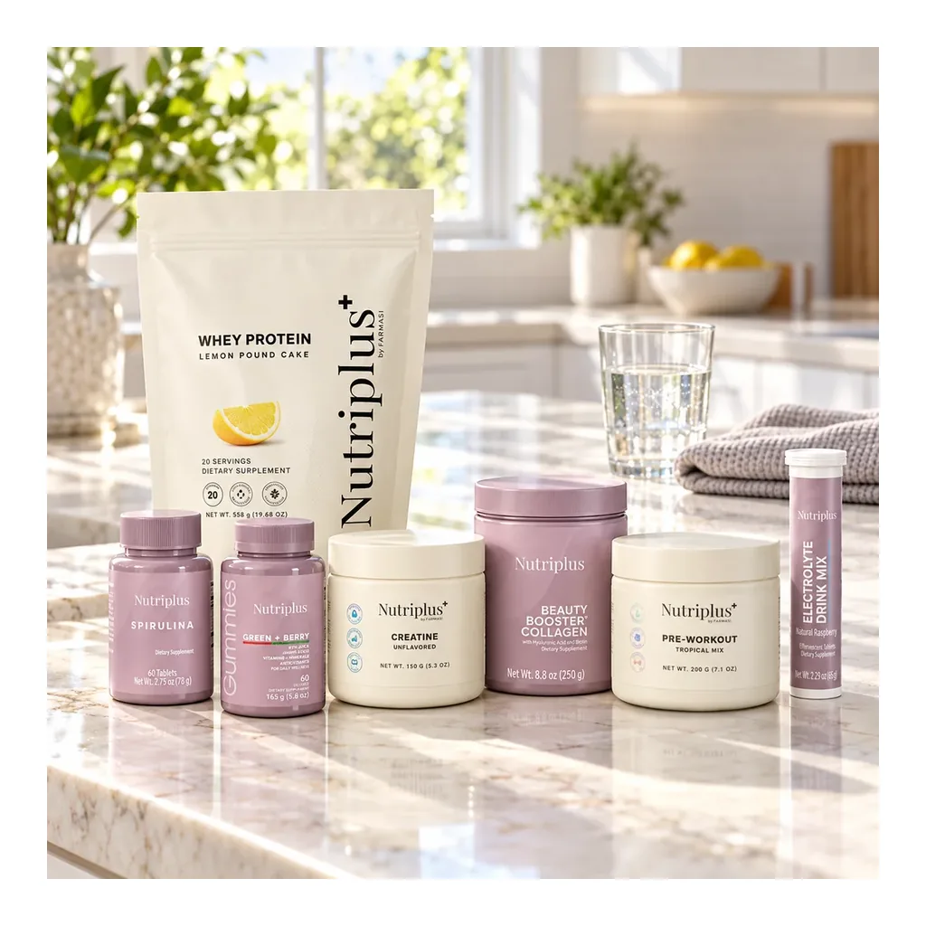 FARMASI Strong Body PK93265 - Daily lifestyle scene Strong Body seven-product fixed selection with Whey Lemon Pound Cake, Pre-Workout Tropical Mix and Electrolytes Raspberry — Daily lifestyle scene.