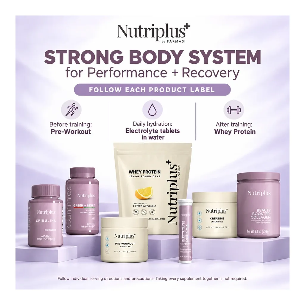 FARMASI Strong Body PK93265 - How to use Strong Body seven-product fixed selection with Whey Lemon Pound Cake, Pre-Workout Tropical Mix and Electrolytes Raspberry — How to use.